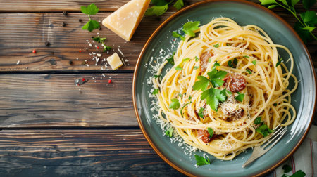 A vibrant plate of Italian spaghetti carbonara, garnished with fresh parsley and Parmesan cheese, set on a rustic wooden tableの素材