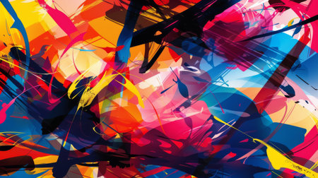 A vibrant, chaotic abstract background with overlapping shapes and bold colors, expressing creativity and spontaneityの素材
