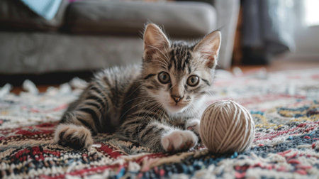 Adorable kitten playing with a ball of yarn on a soft, patterned rug in a cozy, eclectic living room with various textures and colorsの素材
