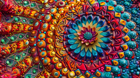 Abstract background with intricate mandala patterns in bright, vivid colors, providing a sense of balance and harmonyの素材