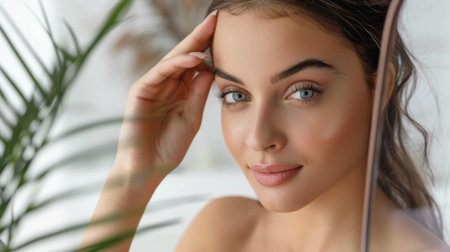 A woman with beautifully shaped eyebrows, standing in front of a mirror, admiring her reflection with a satisfied smileの素材