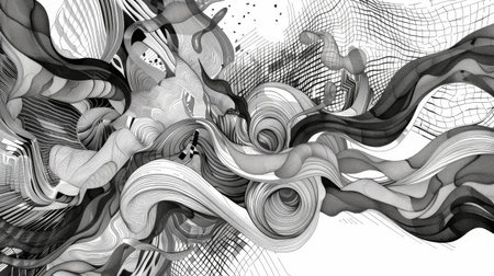 An abstract line drawing with flowing, interconnected shapes and patterns, creating a visually engaging and dynamic compositionの素材