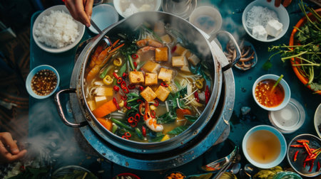 A traditional Vietnamese hot pot, lau, filled with fresh seafood, vegetables, and tofu, with a simmering broth in the center of the tableの素材