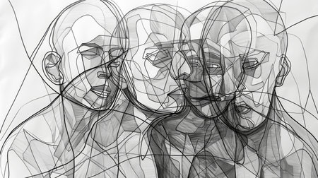 An abstract line drawing featuring intertwined human figures and geometric shapes, creating a sense of movement and unityの素材
