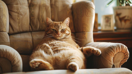 An overweight cat with a joyful expression, sitting on a comfortable armchair in a well-decorated living roomの素材