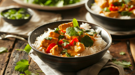 Aromatic bowls of spicy chicken or vegetable curry served with fluffy basmati rice, creating a satisfying and comforting mealの素材