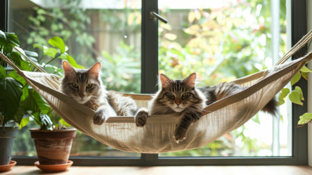 Two cats cuddling in a stylish and comfortable cat hammock hung near a large window with a view of a serene gardenの素材