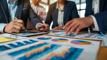 Hands of business executives discussing financial charts and graphs during a meeting, symbolizing collaboration and decision-makingの素材