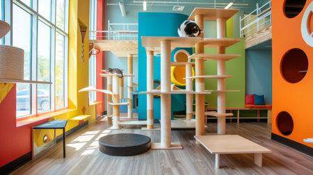 An innovative cat condo with multiple climbing platforms and resting areas, placed in a vibrant and colorful roomの素材