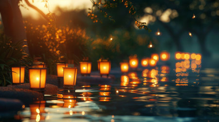 Glowing lanterns illuminating a tranquil evening scene, their warm light reflecting on calm water, creating a magical ambianceの素材