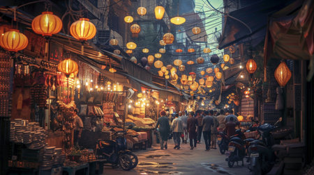 Glowing lanterns hanging from a charming street market, casting a warm and inviting glow over bustling stalls and shoppersの素材