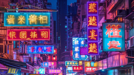 City streets adorned with vibrant neon signs, their colorful glow casting an electrifying atmosphere against the urban backdropの素材