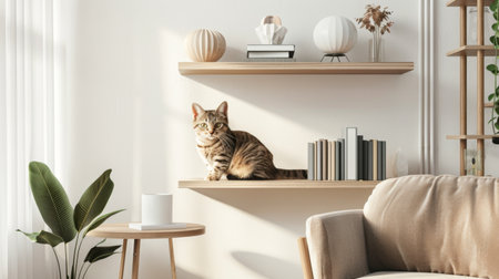 Cat sitting on a floating shelf attached to a wall in a modern living room, with books and decor items neatly arranged aroundの素材