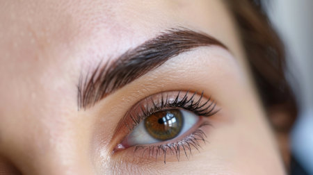 Close-up of a woman with microbladed eyebrows, showcasing the realistic hair-like strokes and natural lookの素材