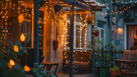 Sparkling fairy lights draped over a cozy outdoor patio, creating a cozy and inviting atmosphere for evening gatheringsの素材