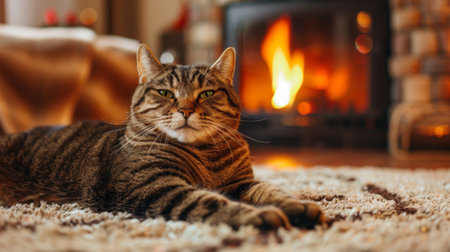 An overweight cat with a joyful grin, sitting on a soft rug in front of a fireplace in a cozy living roomの素材