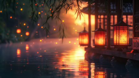 Glowing lanterns illuminating a tranquil evening scene, their warm light reflecting on calm water, creating a magical ambianceの素材