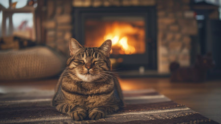 An overweight cat with a joyful grin, sitting on a soft rug in front of a fireplace in a cozy living roomの素材