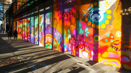 Vibrant street art murals illuminated by sunlight, casting colorful reflections on urban sidewalks and buildingsの素材