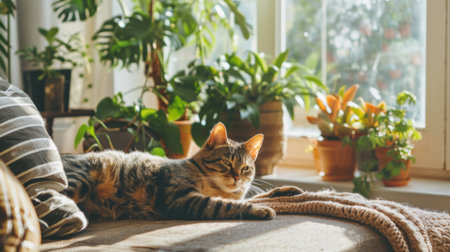 Cozy cat lounging in a sunlit living room, surrounded by house plants and cozy decor, with a large window in the background letting in natural lightの素材
