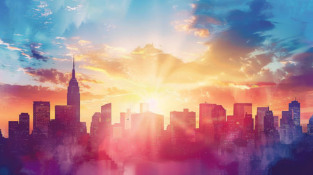 Silhouettes of skyscrapers against a colorful sunset sky, capturing the beauty and majesty of city skylinesの素材