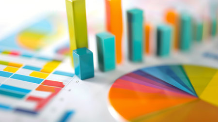 Close-up of a financial report with colorful bar graphs and pie charts, symbolizing analysis and performance evaluation in businessの素材