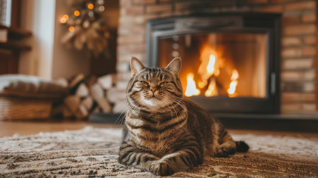 An overweight cat with a joyful grin, sitting on a soft rug in front of a fireplace in a cozy living roomの素材