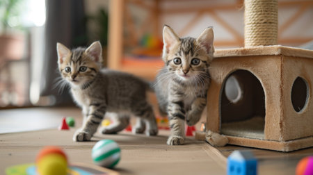 Two playful kittens exploring a beautifully designed cat house in a contemporary apartment, with colorful toys scattered aroundの素材
