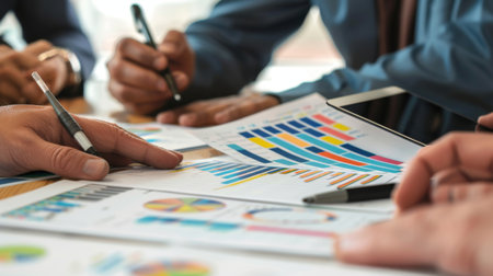 Hands of business executives discussing financial charts and graphs during a meeting, symbolizing collaboration and decision-makingの素材