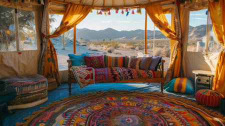 A bohemian-style yurt in the desert, with colorful fabrics and cozy furnishings, offering a unique retreat experienceの素材