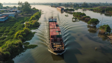 A cargo barge transporting goods along a bustling river delta, serving as a lifeline for communities along the waterwayの素材