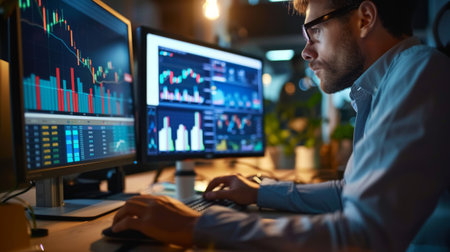 A businessman analyzing stock market graphs and charts on a desktop computer, making informed decisions for portfolio managementの素材
