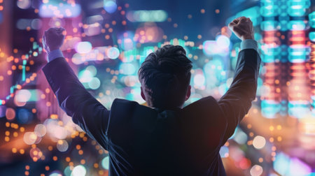 A businessman celebrating successful stock market trades, symbolizing profitable investments and financial gainsの素材