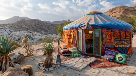 A bohemian-style yurt in the desert, with colorful fabrics and cozy furnishings, offering a unique retreat experienceの素材