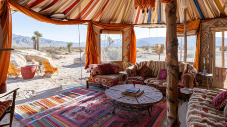 A bohemian-style yurt in the desert, with colorful fabrics and cozy furnishings, offering a unique retreat experienceの素材