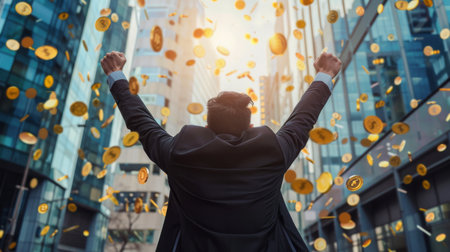 A businessman celebrating financial achievements, symbolizing successful investments and financial stabilityの素材