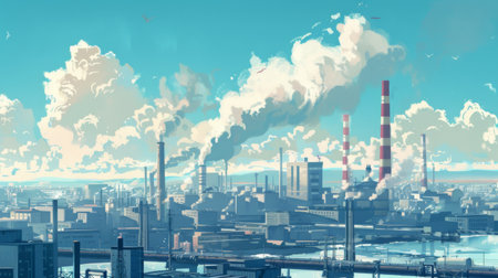 A bustling industrial city skyline with factories and power plants, representing the backbone of global economic developmentの素材