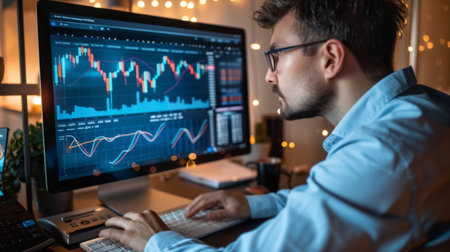 A businessman analyzing stock market graphs and charts on a desktop computer, making informed decisions for portfolio managementの素材