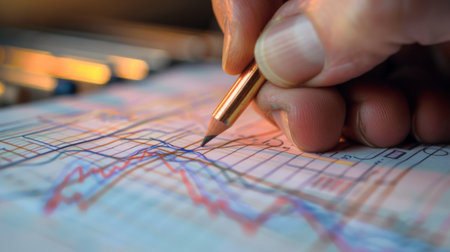 A close-up of a hand drawing trend lines and annotations on a stock market graph, depicting technical analysis techniquesの素材