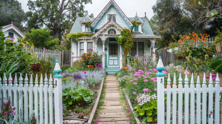 A charming Victorian-style cottage with a colorful garden and picket fence, exuding timeless eleganceの素材