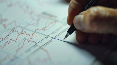 A close-up of a hand drawing trend lines and annotations on a financial graph, depicting analysis and forecastingの素材