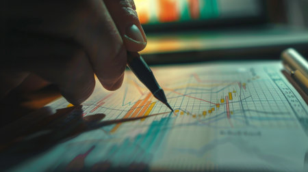 A close-up of a hand drawing trend lines and annotations on a financial graph, depicting analysis and forecastingの素材