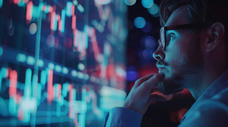 A financial trader making decisions based on financial graphs and performance indicators, aiming for profitable tradesの素材