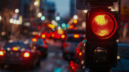 A close-up of a red traffic signal, indicating "stop" and halting vehicles at an intersection, with cars waiting in lineの素材