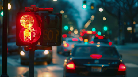A close-up of a red traffic signal, indicating "stop" and halting vehicles at an intersection, with cars waiting in lineの素材