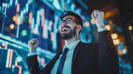 A businessman celebrating successful stock market trades, symbolizing profitable investments and financial gainsの素材