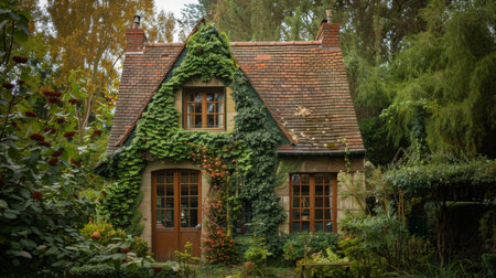 A cozy cottage nestled in a picturesque countryside, adorned with ivy-covered walls and rustic charmの素材