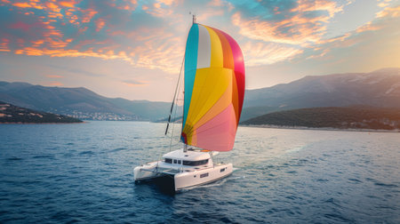 A catamaran sailing swiftly under a colorful spinnaker, harnessing the power of the wind for speed and agilityの素材