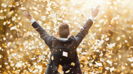 A businessman celebrating financial achievements, symbolizing successful investments and financial stabilityの素材