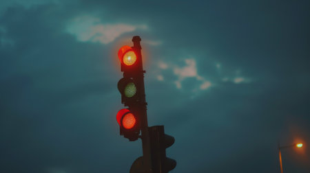 A close-up of a traffic light with an overcast sky in the background, symbolizing the predictability of traffic patternsの素材
